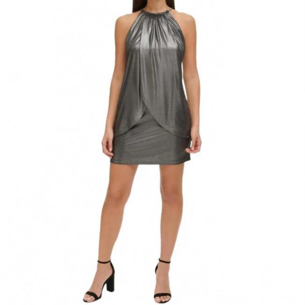 NEW Kensie Metallic Sheath Dress in Gunmetal with‎ Clasped Chain Closure, Size 8